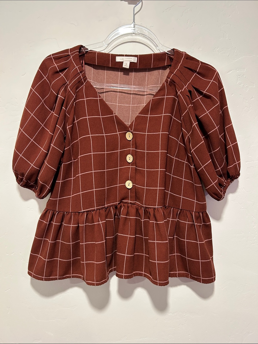 LC Lauren Conrad Brown Plaid Puff Sleeve Dress Peplum blouse Size Small EUC